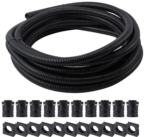 25mm Flexible Conduit Contractor, 10 Metres Corrugated Tube with 10-Glands &10-Spring Clip Saddles, Corrugated Conduit Tube for Car Tubing, External Trunking, Cable Protection