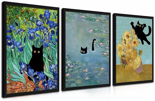 Monet Wandkunst-Set mit Holzrahmen, lustige Katze in Seerosen, Leinwandbilder, Drucke, Van Gogh, Sonnenblumenkatze ästhetische Bilder für Zimmer, Schlafzimmer, Wohnzimmer, Badezimmer, 30,5 x 40,6 cm