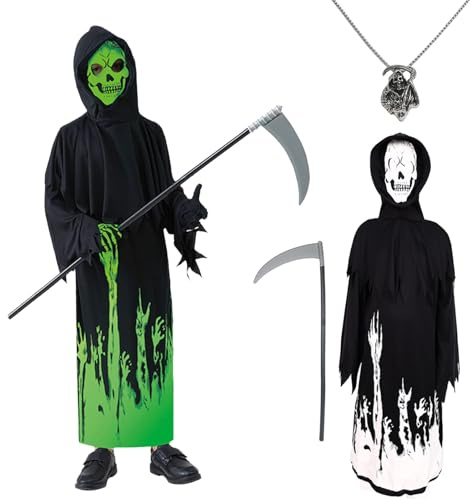 MAINOSHY Costume da Tristo Mietitore per bambini, costume di Halloween, costume da fantasma della morte, costume da triste mietitore, falce spaventoso teschio spaventoso, collana in acciaio