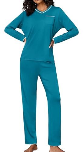 Demegimi Womens Pajamas Set Long Sleeve Tops and Drawstring Pants Ladies Pajamas Cotton Loungewear Soft Nightwear V Neck Leisure Pjs Suit Teal Green