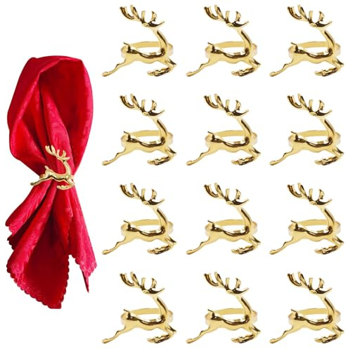 Noviatrix 12 Pezzi Portatovaglioli Natalizi, Renna Anelli Tovaglioli Natale, Decorazione da Tavola Ferma Tovaglioli Natalizi per Feste Natalizie, Ringraziamento, Ricevimenti di Nozze (Oro)