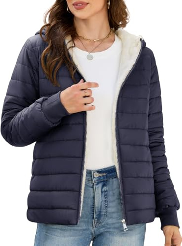 CMTOP Giacca Invernale Donna Leggero Corto Giacca Trapuntata, Foderato in Pile Cappotto Idrorepellente Elegante Parka Imbottiti Giubbini Puffer Jacket Con Cappuccio(Blu Navy,XL)