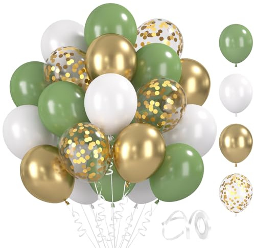BlooMoo 60 Stück Luftballons Grün Weiß Gold, 12 Zoll Latex Luftballons Avocadogrün Gold und Weiß, Metallic Ballons und Konfetti Ballons Set, für Geburtstag Hochzeit Party Dekoration