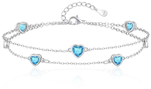 Cadeau Fete des Meres Bracelet Femme Pierre Naissance Bijoux Cadeau Saint Valentin Femme Argent Sterling 925 Bracelet Double Chaîne avec Zircone Coeur Bracelets Personnalisé Petite Amie/Épouse/Manman