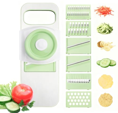 ZKIRON Stainless Steel Mandoline Slicer for Kitchen, 6-in-1 Vegetable Slicer with 360° Full-Cover Safety Guard, Adjustable Food Cutter for Potato, Carrot & Salad Prep, Space-Saving Design (Mint Green)
