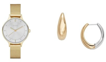 Skagen Damen Anita Lille Goldfarbene Edelstahl Uhr und Linje Modern Zweifarbige Edelstahl Ohrringe, Set