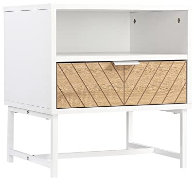 HOMCOM Mesita de Noche Moderna Mesilla de Noche con Cajón y Compartimiento Mesa de Noche para Dormitorio Salón 45x39x48 cm Blanco y Roble