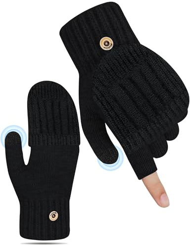 Kiiwah Guantes Sin Dedos Mujer, Mitones de Invierno Convertibles con Cubierta, Guantes Termicos Hombre, Manoplas de Punto con Pantalla Táctil para Trabajar Ciclismo Conducir Correr