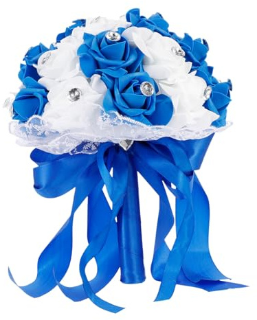 HIAKDOFT Künstlicher Brautstrauß Party Strauß aus Seidenblumen in Blau Weiß Langlebiger Hochzeitsstrauß für Westliche Hochzeiten und Festliche Anlässe