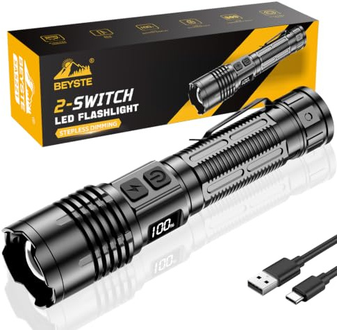 BEYSTE Torcia Led Potente Professionale Ricaricabile 1000000 Lumen - 1500m | Torcia Led Potente Con 2 Interruttori, 3 Modalità, Zoomabile, Alluminio Flashlight con Clip para Campeggio Trekking Emergenza