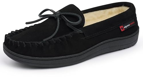 Alpine Swiss Sabine Womens Moccasin Slippers Genuine Suede House Shoe Memory Foam Insole Plush Faux Shearling Fur Indoor Outdoor Anti-Slip Rubber Sole BLK 8