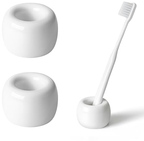 AirMoon Mini Ceramic Toothbrush Holder for Bathroom - White Small Countertop Organizer, Easy Clean Toothbrush Stand, Suit for Electric Toothbrush Head, Pens & Coffee Spoon, Pack of 2