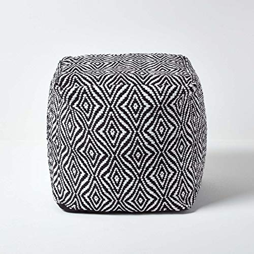 Homescapes Sitzwürfel Trance 40x40 cm, Pouf schwarz-weiß mit Ethno-Muster, Würfel-Hocker handgefertigt mit Bezug aus Recycling-Fasern