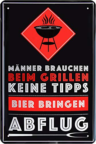 WOGEKA ART Retro Blechschild - Männer brauchen beim Grillen Keine Tipps - witziger Spruch als Geschenk-Idee zum Geburtstag Weihnachten zur Deko 20x30 cm Vintage-Design Metall 376