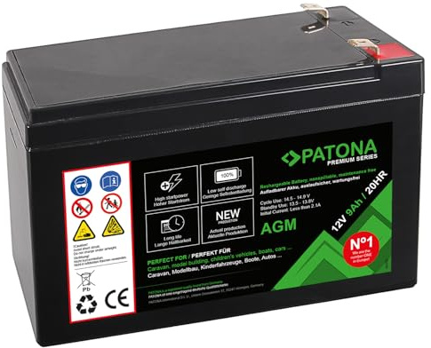 PATONA Premium AGM Blei Akku 12V 9Ah | Zyklenfester Hochleistungsakku über 1800 Ladezyklen | Auslaufsicher, wartungsfrei, geringe Selbstentladung unter 3% | Rüttelfester Aufbau | 150x64x95mm 2,4kg