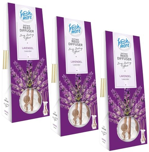 Fresh & More Raumduft Duftvase 3er Pack je 35ml Lavendel | Reed Diffuser mit Rattanstäbchen in Glasvase, beruhigender Lavendelduft
