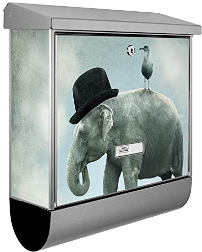 banjado® Burgwächter Briefkasten Edelstahl 38x39x12cm mit Motiv Elefant und Möwe/Briefkasten Edelstahl ohne Zeitungsfach/Briefkasten grau/Postkasten inkl. Montagematerial & 2 Schlüsseln