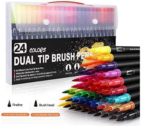 ARTOYS Filzstifte Dicke und Dünne, 24 Farben Dual Brush Pen Set,Pinselstifte Marker Fineliner für Kinder und Erwachsene Mandala Spitze Fasermaler 1-2 mm/Fineliner 0,4 mm