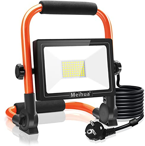 MEIHUA Faretto LED da costruzione da 60 W, 5200 lm, 6500 K, IP66, impermeabile, portatile, cavo da 3,5 m, con spina di commutazione, luce da lavoro per officina, cantiere, garage