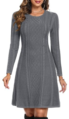 Aottori Vestido de Punto Mujer Suéter Manga Larga Cuello Redondo Elegante Casual Jersey Vestido Una Línea Otoño Invierno Gris L