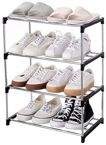 Jucaifu Stapelbares kleines Schuhregal, Eingangsbereich, Flur und Schrank, platzsparende Aufbewahrung und Organisation (4-stöckig, schwarz)