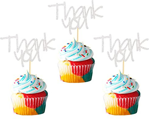 Arthsdite 24pcs Silver Glitter Thank You Cupcake Toppers Thank You Cupcake Picks for Birthday Anniversary Thanksgiving Day Wedding Bridal Shower Party Decoration Supplies