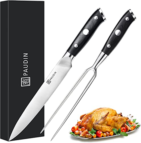 PAUDIN Küchenmesserset 2tlg, Messerset mit Fleischmesser 20 cm, Fleischgabel 18 cm, Ultra Scharfes Tranchierbesteck, Grill Besteck aus hochwertiger deutschem Edelstahl 1.4116 mit G10 Griff
