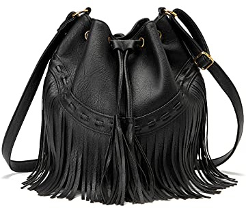 Leather Bucket Bags for Women Crossbody Fringe Purses with Drawstring Ladies Tassel Hobo and Shoulder Handbags Black