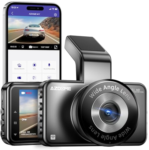 AZDOME WiFi Dashcam mit APP 1080P Autokamera, 3-Zoll-IPS-Bildschirm, ADAS, Super Nachtsicht, WDR, 150° Weitwinkel, Loop-Aufnahme, G-Sensor, Parkmodus(M17) (M17)