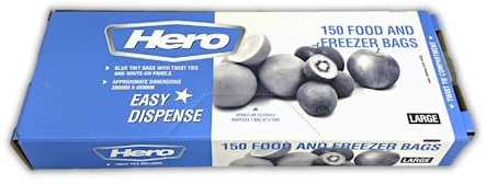 Hero 150 Blue Food & Freezer Bags 300x400mm – Strong Flat Top Storage Bags with Wire Tie Closure, Write-On Panel, Food Grade Sandwich & Freezer Bags for Kitchen, Meal Prep & Storage