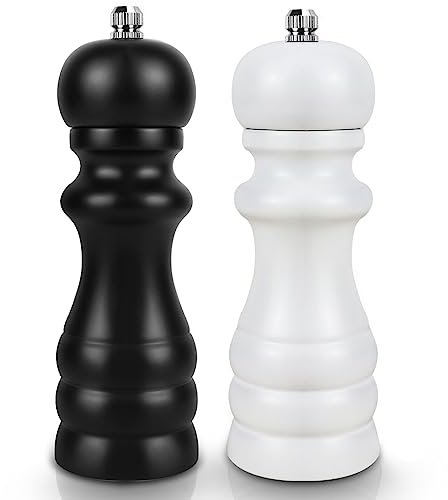Salt and Pepper Grinder Set, Manual Refillable Salt Grinder, Wooden Salt and Pepper Grinders with Adjustable Ceramic Rotor, Pepper Mills for Home, Kitchen, Cooking (Black & White 2 Pack)