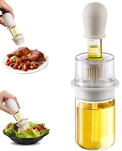 TINMIX Oil Dispenser with Brush - Olive Oil Dispenser with Extended Silicone Basting Brush for Cooking, 2 IN 1 Glass Oil Dispenser with Metering Storage Bin for Kitchen Grilling Baking, Beige