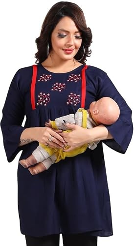 Fabme Dam mamma-amningstopp av bomull, broderad, marinblå, storlek L