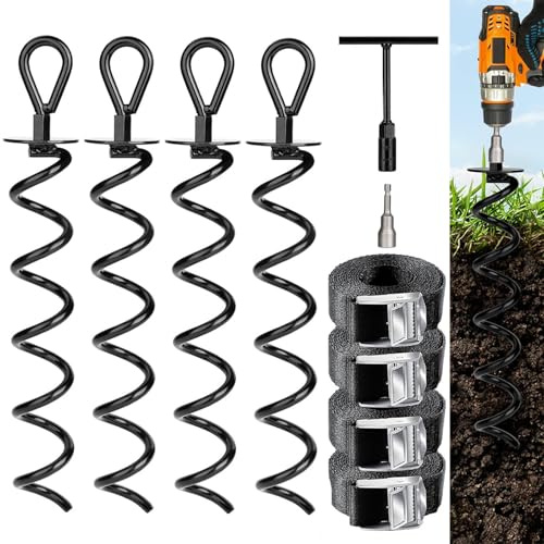 Anclaje de suelo para trampolín, 4 unidades, sacacorchos, estacas de acero con forma de 4 correas ajustables, piezas resistentes para trampolín, columpio, cenador, carpa de fiesta, cobertizo de