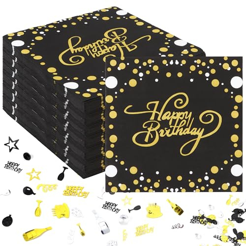100 Stück Servietten Happy Birthday, 33x33cm Schwarz Gold Servietten | Geburtstag Deko Konfetti,Schwarz Folierte Geburtstagsservietten Tischdeko für Junge Mädchen Party Deko