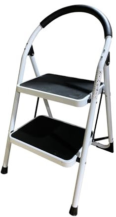 Escalera Plegable de Metal Domestica, Taburete Plegable peldaño Extra Ancho y con Apoyabrazos Carga hasta 150 KG, (2 peldaños)