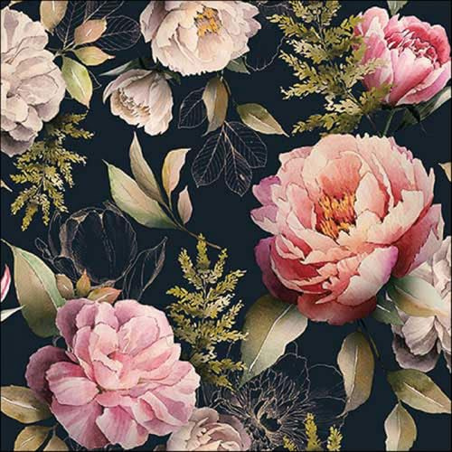 20 Servietten Blumen Zahlreiche Pfingstrosen auf schwarz als Tischdeko. Papierservietten mit Motiv. Auch für Decoupage und Serviettentechnik 33x33cm