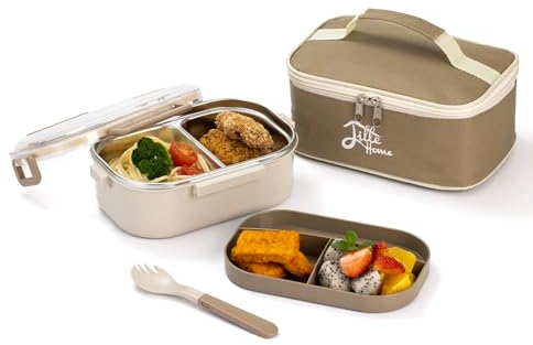 Lille Home 920 ml Bento-Lunchbox für Erwachsene, Edelstahl 2-Fächer Tiffin Lunch-/Snackbox, Bento-/Lebensmittelbehälter mit geteilter Lunchtasche und Besteck