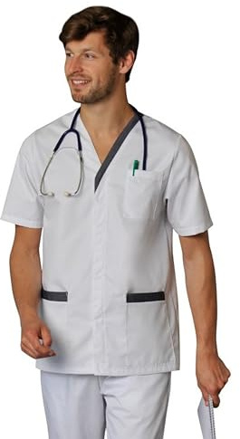 Tunique médicale Homme col V avec Parement de Couleur Blouse Manche Courte Professionnelle Blanche Fermeture par 4 Pressions cachées (FR/ES, Alpha/Lettres, XXL, Taille Normale, Taille Normale, Blanc)