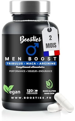 BOOSTIES Men Boost – Pre-Workout Sans Caféine • Tribulus Terrestris, Maca Noire, L-Arginine & L-Citrulline (Oxyde Nitrique) • Zinc & Vitamine B12 • Énergie, Endurance, Vigueur masculin – 120 Gélules