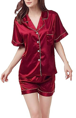 AMDOLE Seiden-Pyjama-Shorts-Set, Damen-Seiden-Pyjama, Seidensatin, Seidensatin, Unterwäsche, Nachthemd, Zuhause, kurzärmelig, Pyjama-Set, sexy Übergröße, Nachtwäsche für Frauen, wein, XXL