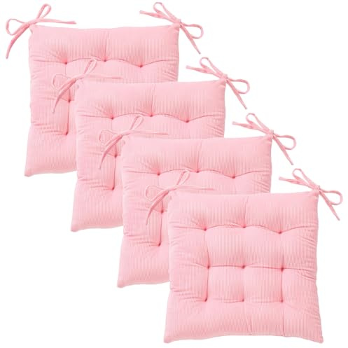 MissSoul 4Pack Chair Cushions for Dining Chairs 15.7X15.7 Corduroy Chair Pads with Ties Indoor Non-Slip Square Seat Cushion for Kitchen Office Chairs Computer Desk Seat Pad, Pink