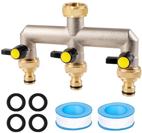 SUNOYA Distributore a 3 Vie con 3 Connettori e 4 Rondelle Di Gomma, Tubo Divisore Da Rubinetto Adattatori, Distributore Rubinetto a 3 vie in Ottone per Rubinetto Filo da Giardino, Irrigazione (3 Vie)