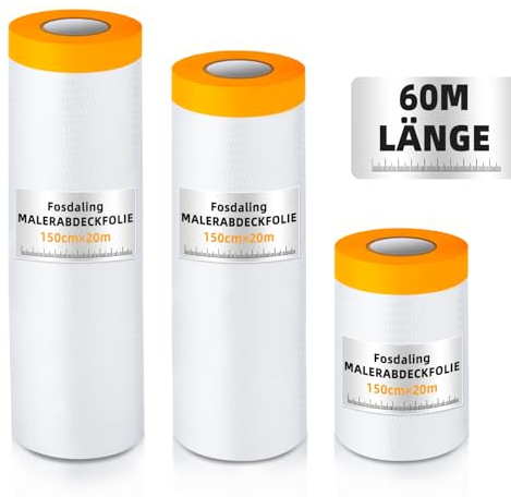 Fosdaling 60m Abdeckfolie mit Klebeband 3er-Set, Malerfolie Abdeckfolie, Goldband Klebeband Malerkrepp mit Folie, Innenraum Abklebeband Maler Folie (55cm, 150cm, 270cm)