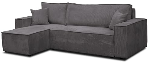 VENASI MÖBEL Ecksofa mit Schlaffunktion und Bettkasten Cord-Stoff Schlafsofa Eckcouch Sofa (Dunkelgrau)