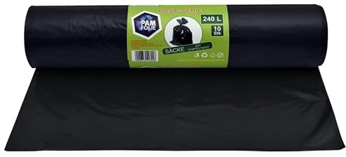 PAM-FOLIE Universal-Müllsäcke 240L - 10 Stück - XXL Große, Starke, Dicke Abfallsäcke, Basic - 120x130cm - 35µm - schwarzer Müllbeutel - Mülltüten - Ideale Säcke für 240-Liter-Behälter