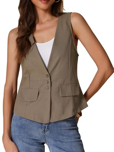 Allegra K Blazer sans Manches Femme en Lin Décontracté Gilet de Costume pour Bureau Ample Veste Légère Col en V Kaki S