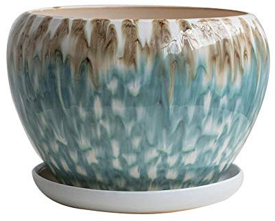 Pot de fleurs en céramique vert extra large de style chinois avec soucoupe pour cactus et orchidées, pot de fleurs rond respirant et émaillé en terre cuite avec plateau d'égouttement pour décoration