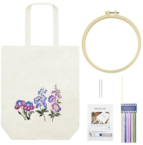 KAOTPO-Stickerei Canvas-Handtasche, DIY Set Erwachsene, Sticken Set Erwachsene (m. Mustern & Anl., inkl. Muster-T., Stickn., bunte Fäden, Blumenm.), Stickset für Anfänger. (Weiße Veilchen)