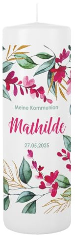 Striefchen® Personalisierte Kerze zur Taufe, Kommunion oder Firmung – Bedruckt mit Name, Anlass & Datum – Verschiedene Motive – Individuelle Taufkerze, Kommunionskerze, Firmungskerze (Blumen)